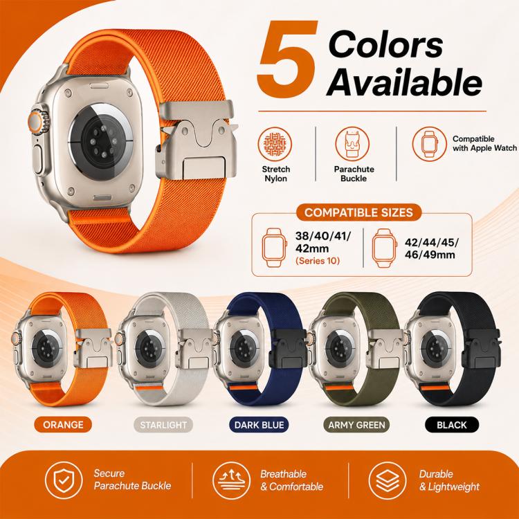 5入裝 xDfind 降落傘扣彈性尼龍錶帶，適用於 Apple Watch 42 / 44 / 45 / 46 / 49mm，適用於 Apple Watch 38 / 40 / 41 / S11 42mm