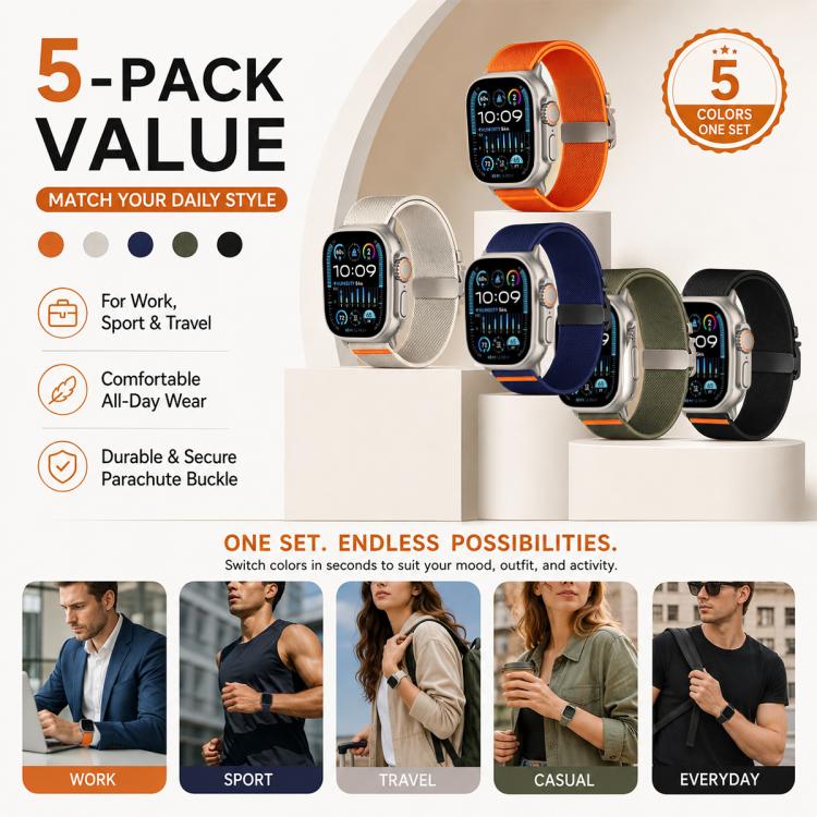 5入裝 xDfind 降落傘扣彈性尼龍錶帶，適用於 Apple Watch 42 / 44 / 45 / 46 / 49mm，適用於 Apple Watch 38 / 40 / 41 / S11 42mm