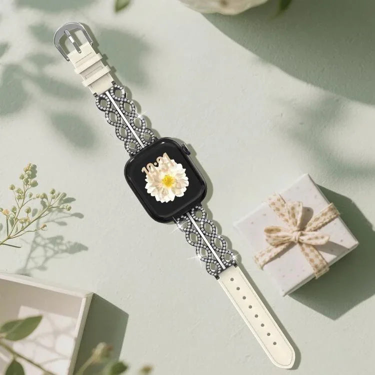 xDfind 鑽石不鏽鋼混合真皮錶帶，適用於 Apple Watch 38 / 40 / 41 / S11 42mm