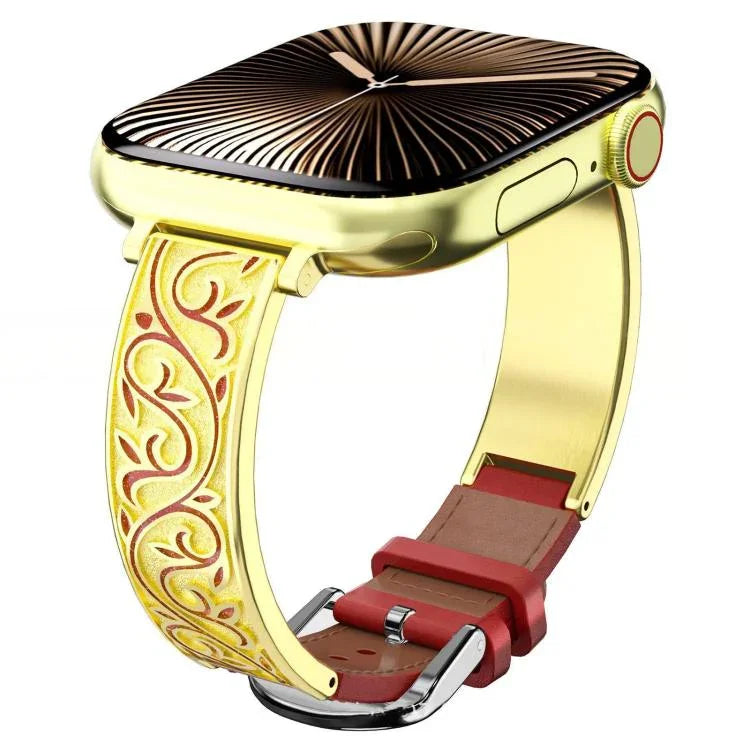 xDfind 復古花紋雕刻不鏽鋼混合真皮錶帶，適用於 Apple Watch 38 / 40 / 41 / S11 42mm