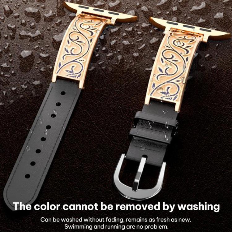 xDfind 復古花紋雕刻不鏽鋼混合真皮錶帶，適用於 Apple Watch 38 / 40 / 41 / S11 42mm
