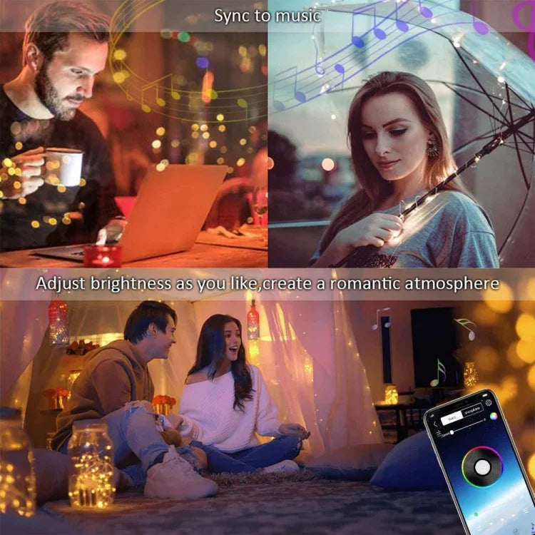 RGB USB LED銅線燈串節日裝飾燈串藍牙手機APP控制，2米20燈，5米50燈，10米100燈，12米120燈，15米150燈，20米200燈