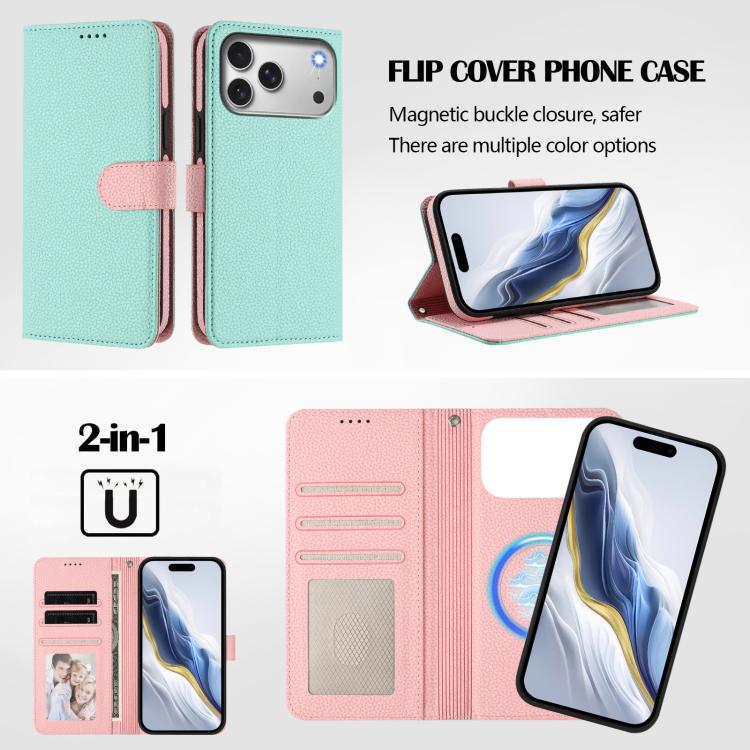 可拆卸荔枝紋磁性側貼素皮手機殼，適用於iPhone 17 Pro Max、iPhone 17 Pro、iPhone 17、iPhone Air、iPhone 16 Pro Max、iPhone 16 Pro、iPhone 16 Plus、iPhone 16