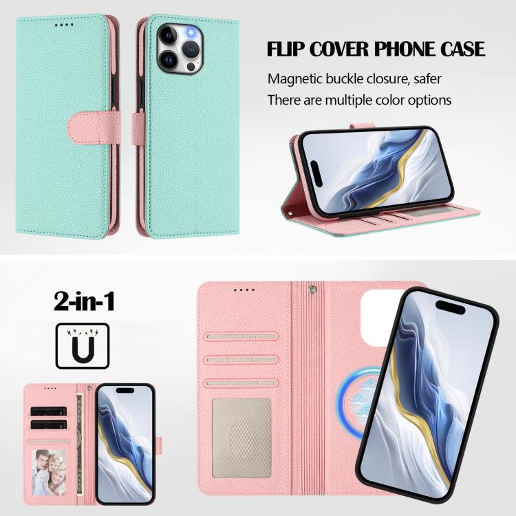 可拆卸荔枝紋磁性側貼素皮手機殼，適用於iPhone 13 Pro Max、iPhone 13 Pro、iPhone 13、iPhone 12 / 12 Pro、iPhone 12 Pro Max、iPhone 11 Pro Max、iPhone 11、iPhone 11 Pro