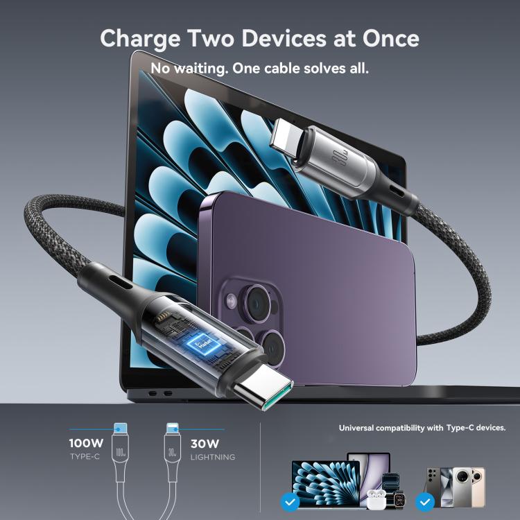 JOYROOM S-A57 RapidX 系列 100W 2 合 1 USB-C / Type-C 轉 USB-C / Type-C，8 Pin 快充數據線，1.5m