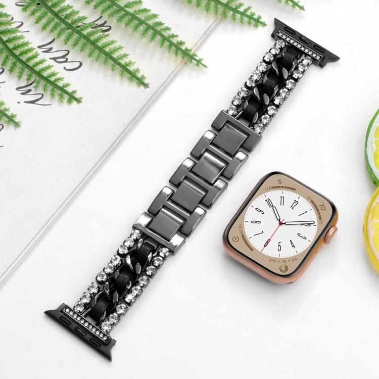 鑽石素皮金屬錶帶，適用 Apple Watch 46mm / 49mm / 45mm / 44mm，適用 Apple Watch 42mm / 41mm / 40mm / 38mm