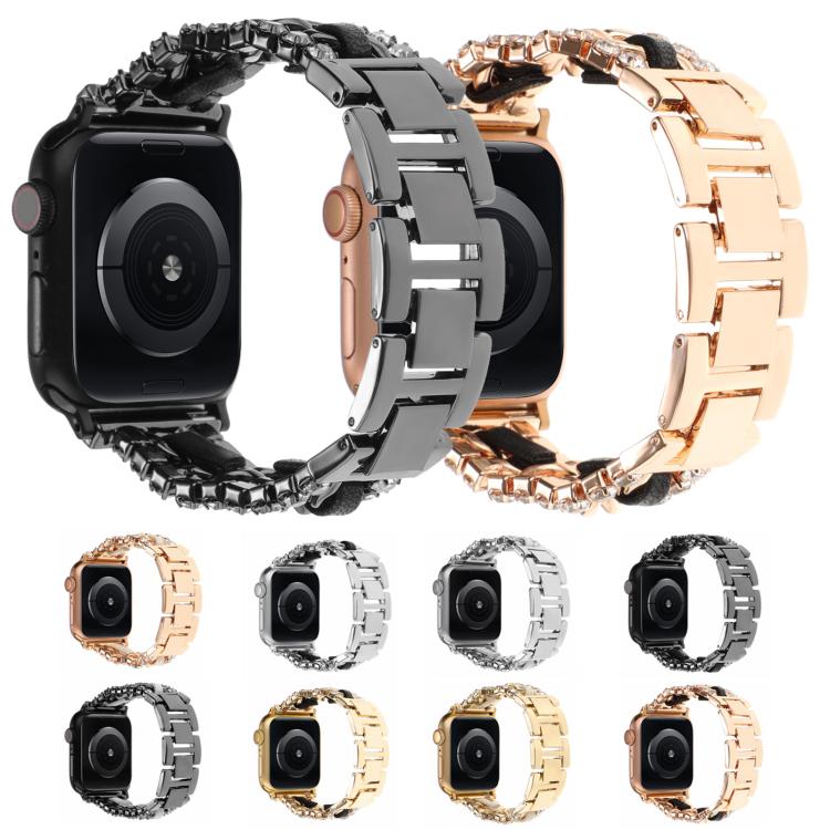 鑽石素皮金屬錶帶，適用 Apple Watch 46mm / 49mm / 45mm / 44mm，適用 Apple Watch 42mm / 41mm / 40mm / 38mm