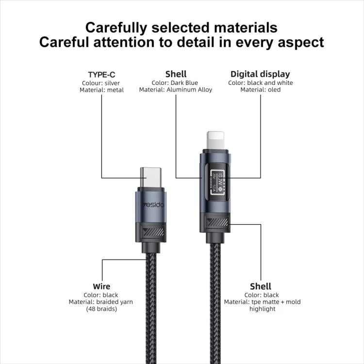 Yesido CA138L 12W 2.4A USB 對 8 Pin OLED 顯示充電數據線，USB 對 8 Pin