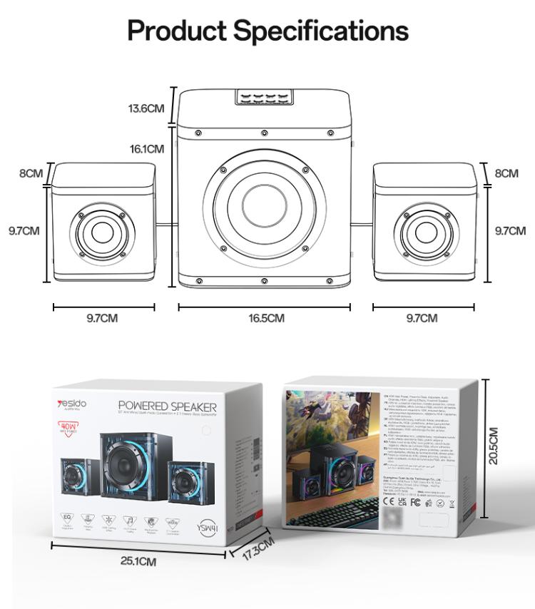 Yesido YSW41 40W 2.1聲道系統彩色RGB藍牙揚聲器低音炮，YSW41
