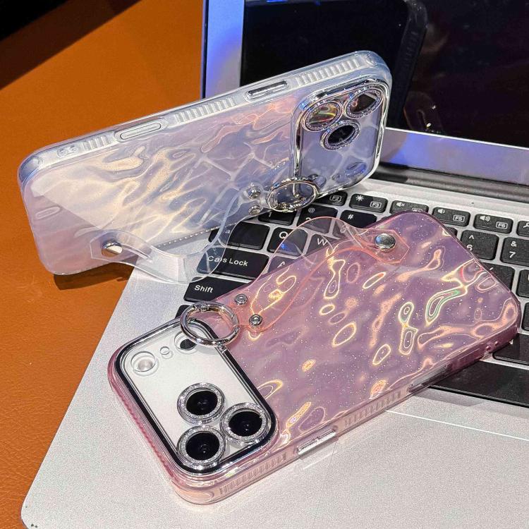 鍍膜皺紋紋理手腕帶支架TPU手機殼附鏡頭保護膜，適用於iPhone 13