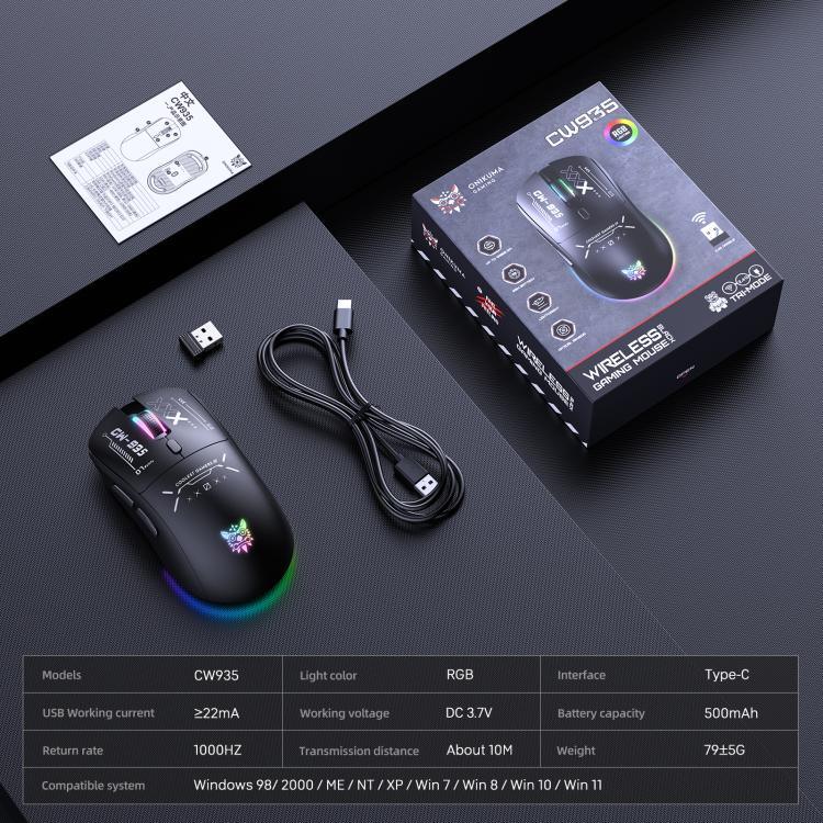 ONIKUMA CW935 12800DPI 2.4GHz + 藍牙 + 有線三模 RGB 無線滑鼠，CW935