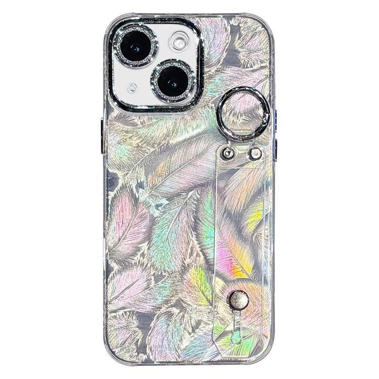 鍍膜羽毛紋理手腕帶支架TPU手機殼附鏡頭保護膜，適用於iPhone 13