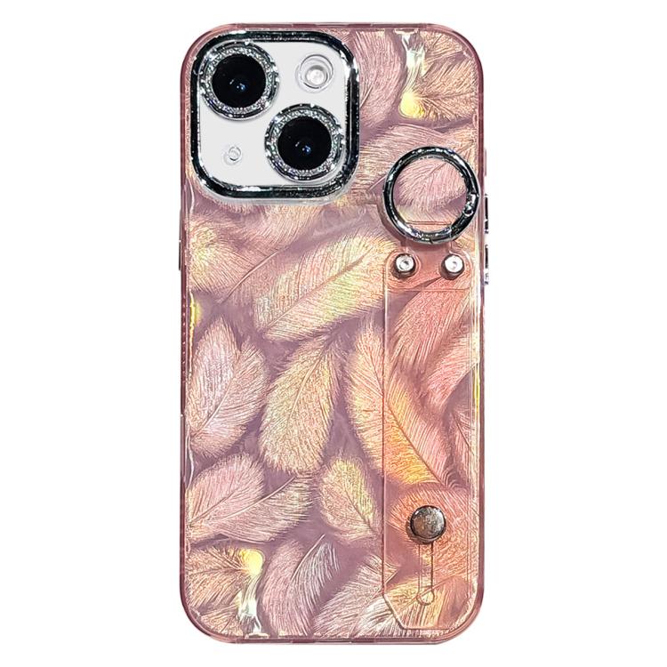 鍍膜羽毛紋理手腕帶支架TPU手機殼附鏡頭保護膜，適用於iPhone 13