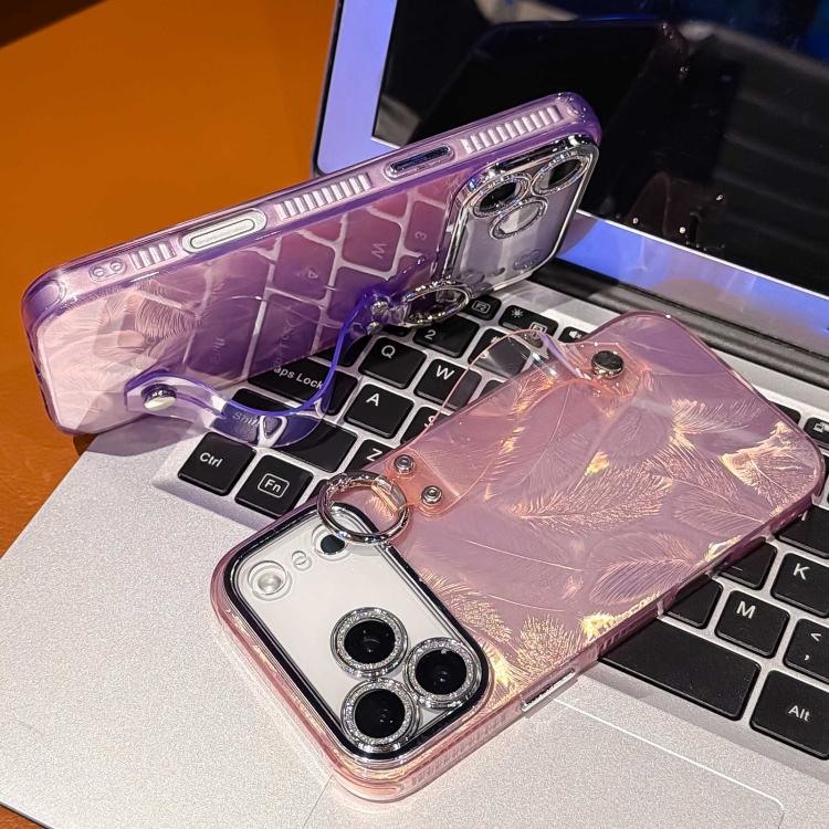 鍍膜羽毛紋理手腕帶支架TPU手機殼附鏡頭保護膜，適用於iPhone 13