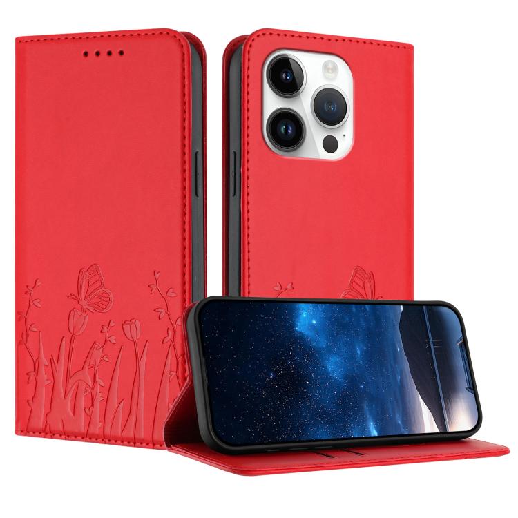 鬱金香蝴蝶圖案磁吸素皮手機殼，適用於 iPhone 15、iPhone 14 Plus、iPhone 14、iPhone 14 Pro