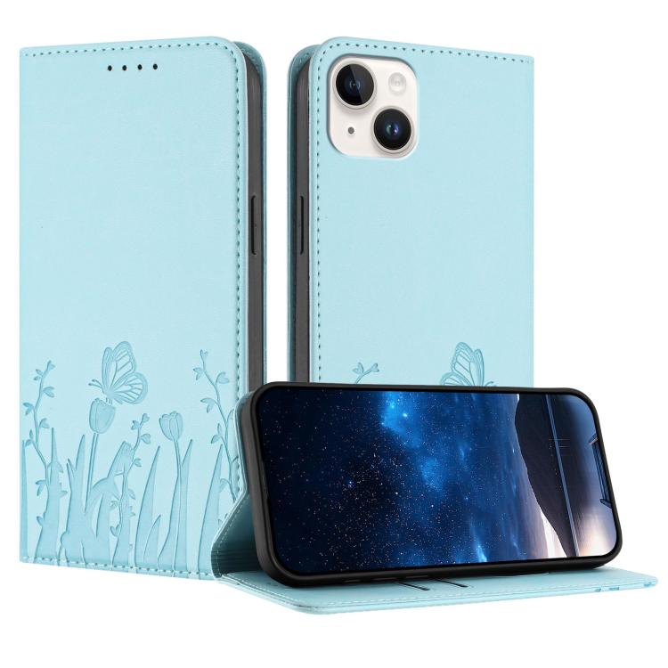 鬱金香蝴蝶圖案磁吸素皮手機殼，適用於 iPhone 15、iPhone 14 Plus、iPhone 14、iPhone 14 Pro