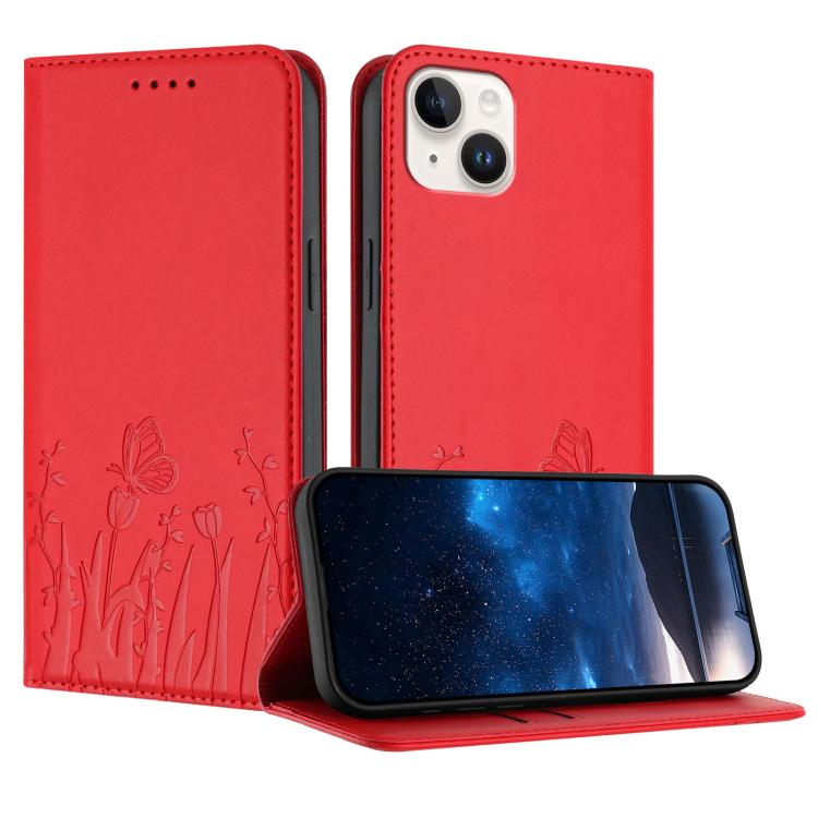 鬱金香蝴蝶圖案磁吸素皮手機殼，適用於 iPhone 15、iPhone 14 Plus、iPhone 14、iPhone 14 Pro