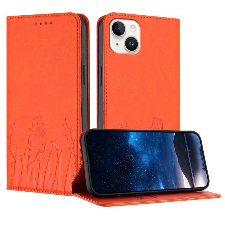 鬱金香蝴蝶圖案磁吸素皮手機殼，適用於 iPhone 15、iPhone 14 Plus、iPhone 14、iPhone 14 Pro
