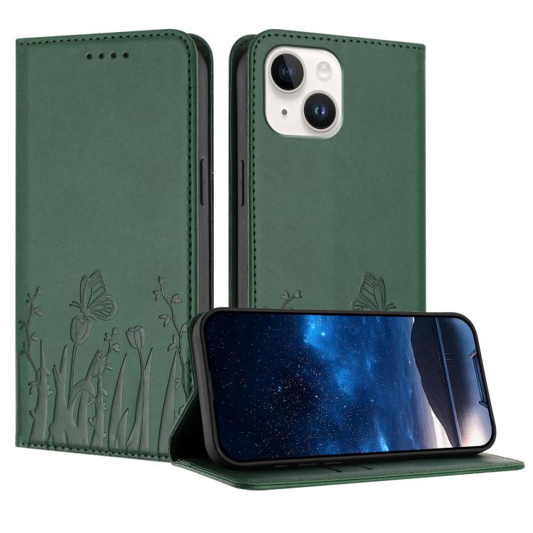 鬱金香蝴蝶圖案磁吸素皮手機殼，適用於 iPhone 15、iPhone 14 Plus、iPhone 14、iPhone 14 Pro