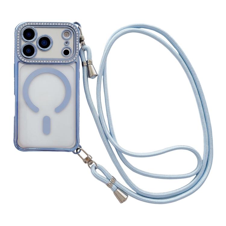 附右側斜背繩水鑽透明壓克力電鍍磁吸手機殼，適用於 iPhone 17 Pro Max、iPhone 17 Pro、iPhone 17、iPhone Air、iPhone 16 Pro Max、iPhone 16 Pro、iPhone 16 Plus、iPhone 16