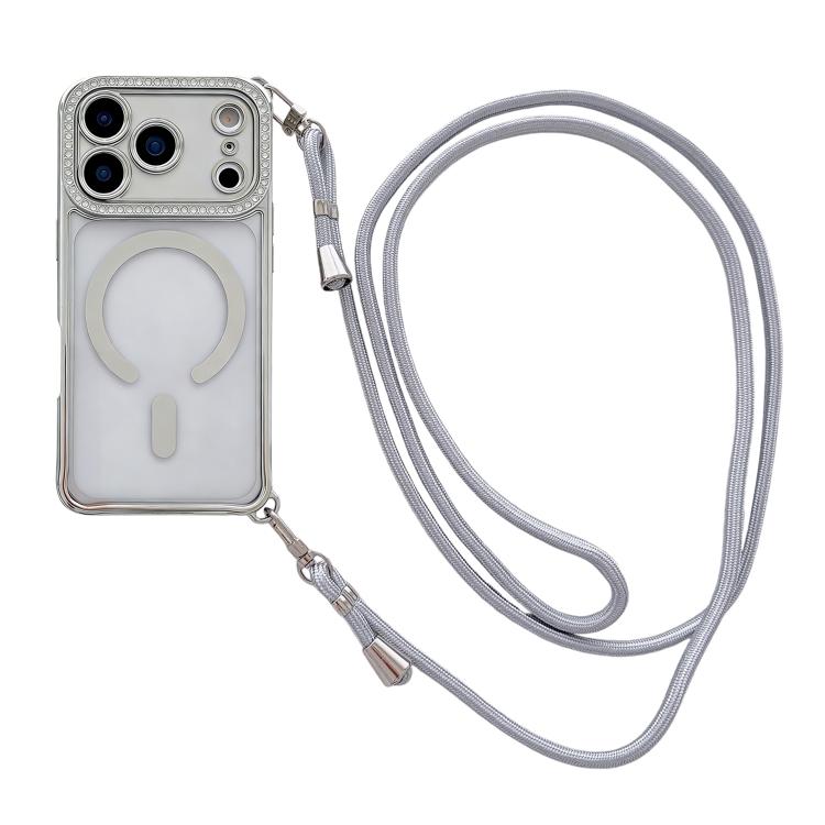 附右側斜背繩水鑽透明壓克力電鍍磁吸手機殼，適用於 iPhone 17 Pro Max、iPhone 17 Pro、iPhone 17、iPhone Air、iPhone 16 Pro Max、iPhone 16 Pro、iPhone 16 Plus、iPhone 16