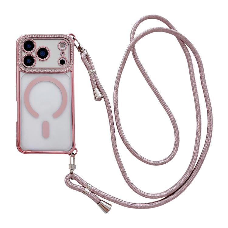 附右側斜背繩水鑽透明壓克力電鍍磁吸手機殼，適用於 iPhone 17 Pro Max、iPhone 17 Pro、iPhone 17、iPhone Air、iPhone 16 Pro Max、iPhone 16 Pro、iPhone 16 Plus、iPhone 16