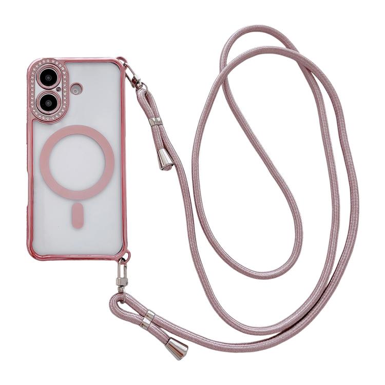 附右側斜背繩水鑽透明壓克力電鍍磁吸手機殼，適用於 iPhone 17 Pro Max、iPhone 17 Pro、iPhone 17、iPhone Air、iPhone 16 Pro Max、iPhone 16 Pro、iPhone 16 Plus、iPhone 16