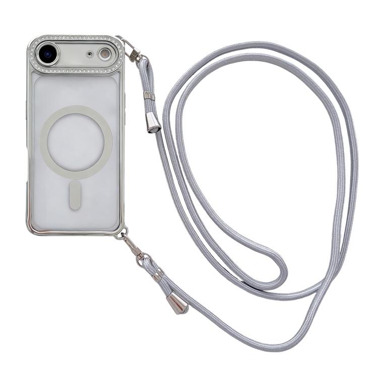 附右側斜背繩水鑽透明壓克力電鍍磁吸手機殼，適用於 iPhone 17 Pro Max、iPhone 17 Pro、iPhone 17、iPhone Air、iPhone 16 Pro Max、iPhone 16 Pro、iPhone 16 Plus、iPhone 16