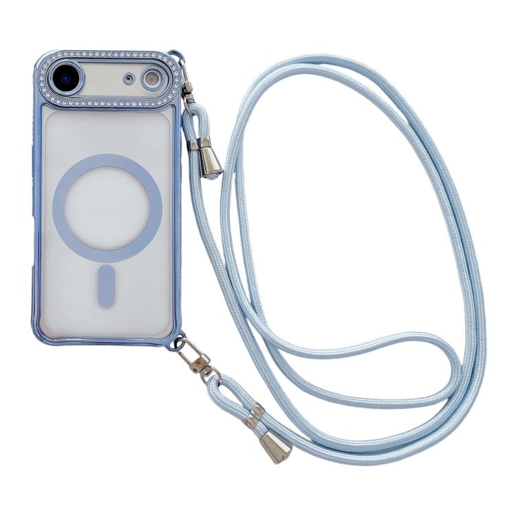 附右側斜背繩水鑽透明壓克力電鍍磁吸手機殼，適用於 iPhone 17 Pro Max、iPhone 17 Pro、iPhone 17、iPhone Air、iPhone 16 Pro Max、iPhone 16 Pro、iPhone 16 Plus、iPhone 16