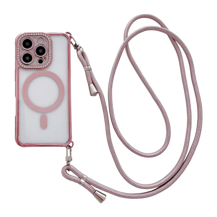 附右側斜背繩水鑽透明壓克力電鍍磁吸手機殼，適用於 iPhone 17 Pro Max、iPhone 17 Pro、iPhone 17、iPhone Air、iPhone 16 Pro Max、iPhone 16 Pro、iPhone 16 Plus、iPhone 16