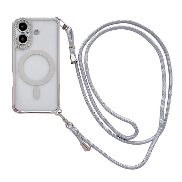 附右側斜背繩水鑽透明壓克力電鍍磁吸手機殼，適用於 iPhone 17 Pro Max、iPhone 17 Pro、iPhone 17、iPhone Air、iPhone 16 Pro Max、iPhone 16 Pro、iPhone 16 Plus、iPhone 16
