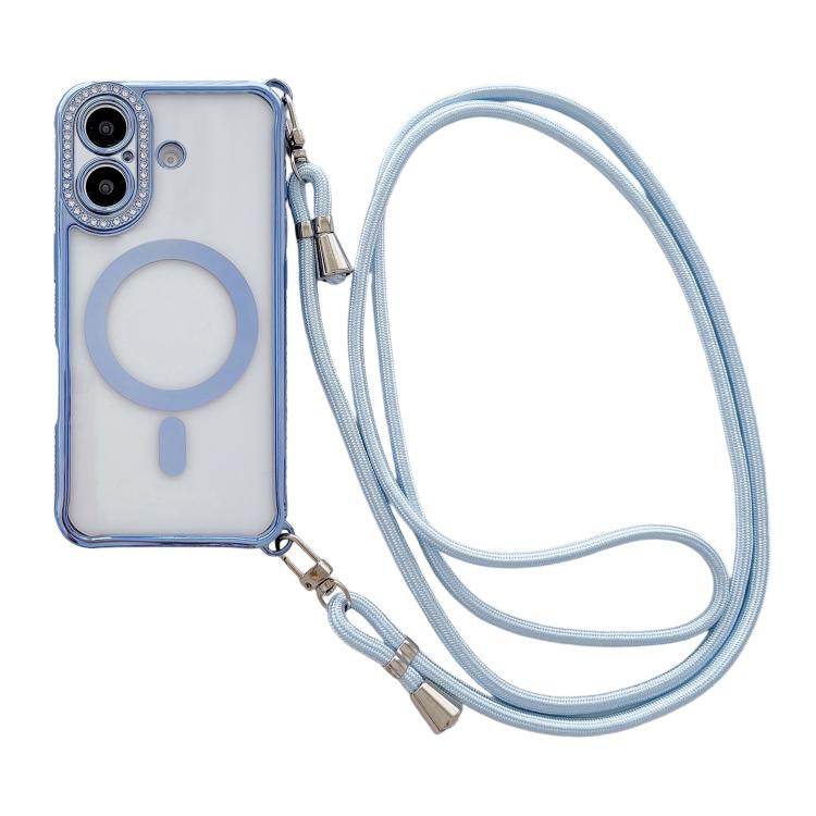 附右側斜背繩水鑽透明壓克力電鍍磁吸手機殼，適用於 iPhone 17 Pro Max、iPhone 17 Pro、iPhone 17、iPhone Air、iPhone 16 Pro Max、iPhone 16 Pro、iPhone 16 Plus、iPhone 16