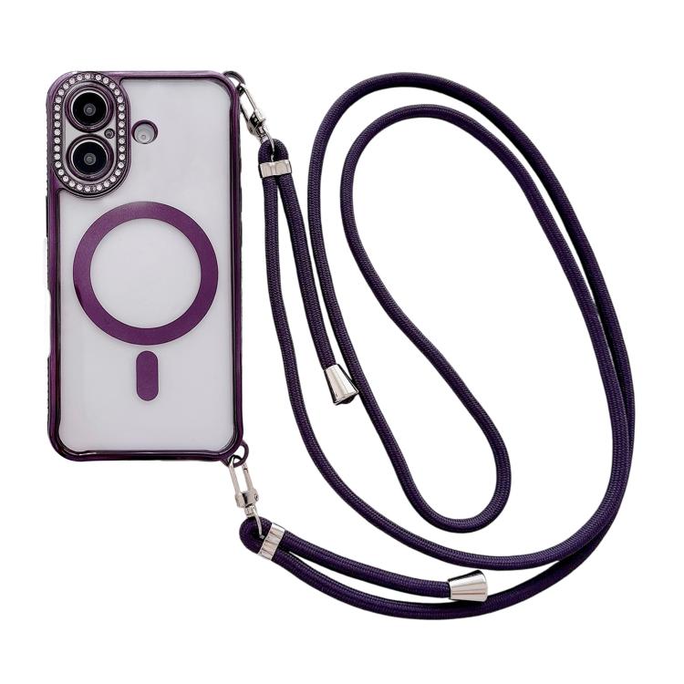 附右側斜背繩水鑽透明壓克力電鍍磁吸手機殼，適用於 iPhone 17 Pro Max、iPhone 17 Pro、iPhone 17、iPhone Air、iPhone 16 Pro Max、iPhone 16 Pro、iPhone 16 Plus、iPhone 16