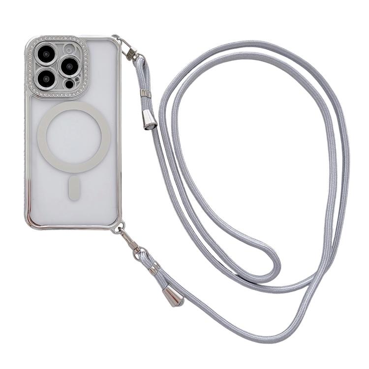 附右側斜背繩水鑽透明壓克力電鍍磁吸手機殼，適用於 iPhone 17 Pro Max、iPhone 17 Pro、iPhone 17、iPhone Air、iPhone 16 Pro Max、iPhone 16 Pro、iPhone 16 Plus、iPhone 16