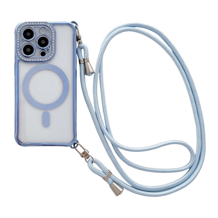 附右側斜背繩水鑽透明壓克力電鍍磁吸手機殼，適用於 iPhone 17 Pro Max、iPhone 17 Pro、iPhone 17、iPhone Air、iPhone 16 Pro Max、iPhone 16 Pro、iPhone 16 Plus、iPhone 16