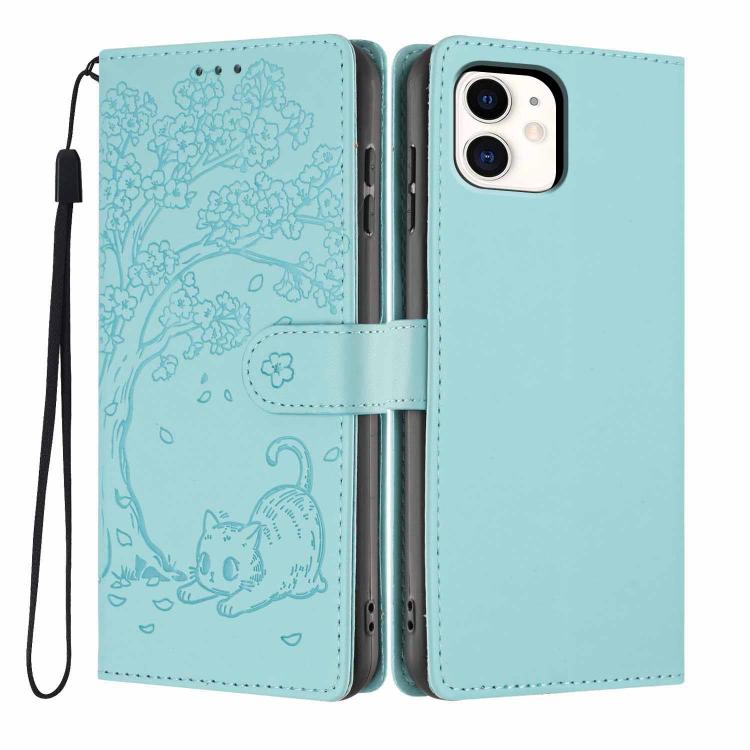 樹貓浮雕翻蓋素皮手機殼，適用於 iPhone 11 Pro