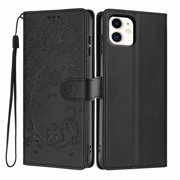 樹貓浮雕翻蓋素皮手機殼，適用於 iPhone 11 Pro