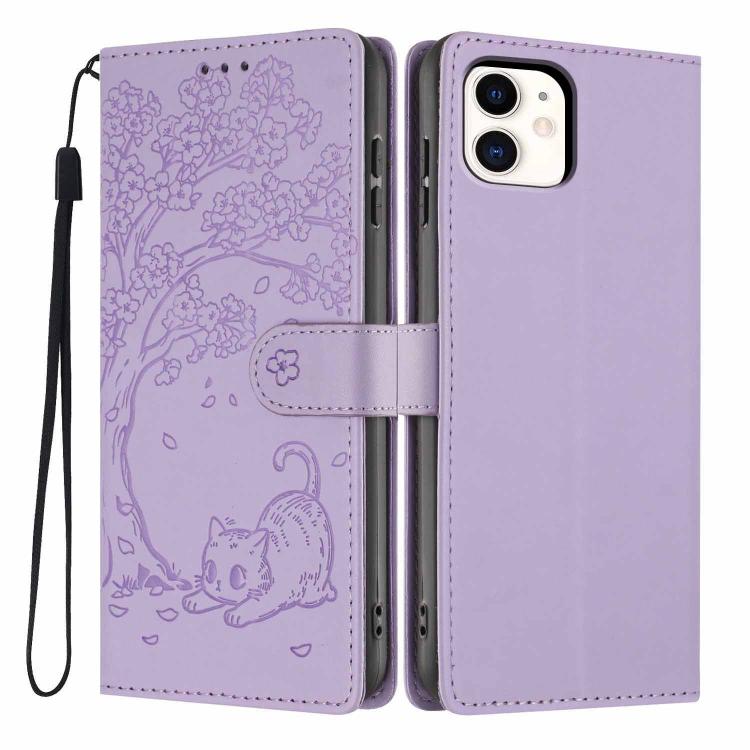 樹貓浮雕翻蓋素皮手機殼，適用於 iPhone 11 Pro