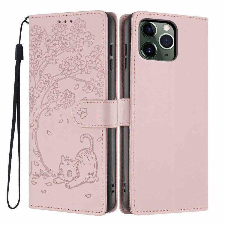 樹貓浮雕翻蓋素皮手機殼，適用於 iPhone 11 Pro