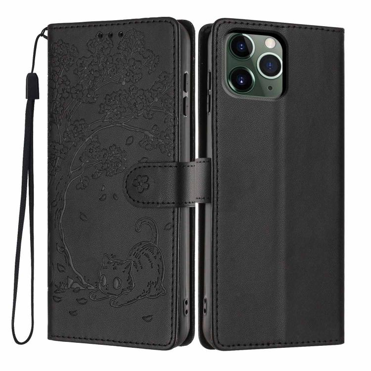 樹貓浮雕翻蓋素皮手機殼，適用於 iPhone 11 Pro