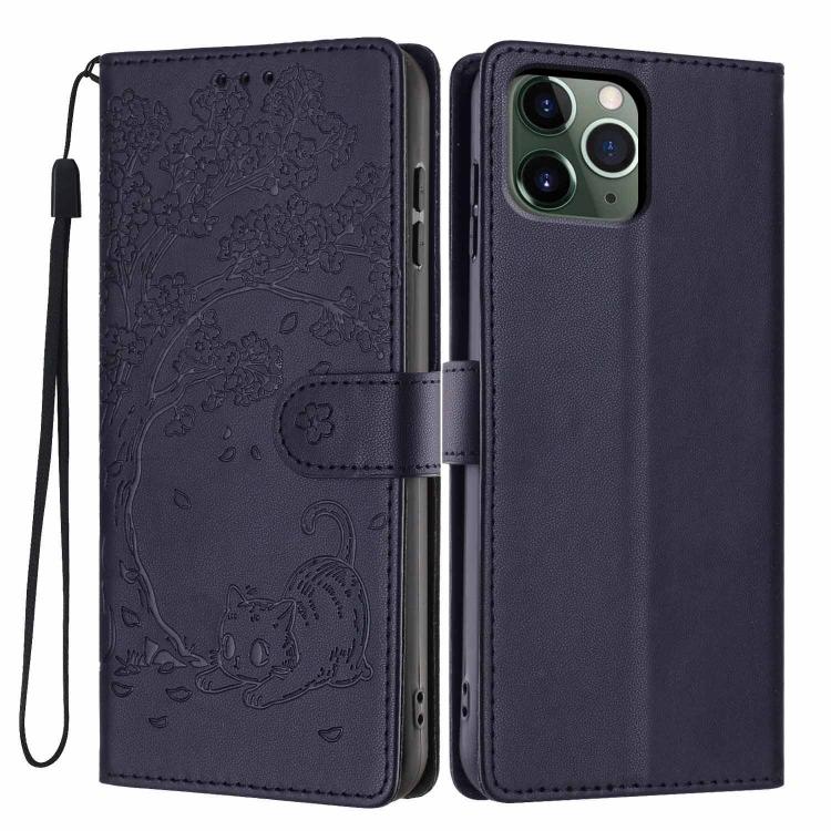 樹貓浮雕翻蓋素皮手機殼，適用於 iPhone 11 Pro
