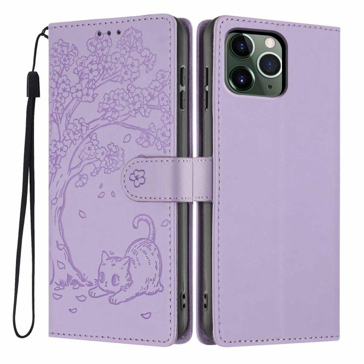 樹貓浮雕翻蓋素皮手機殼，適用於 iPhone 11 Pro