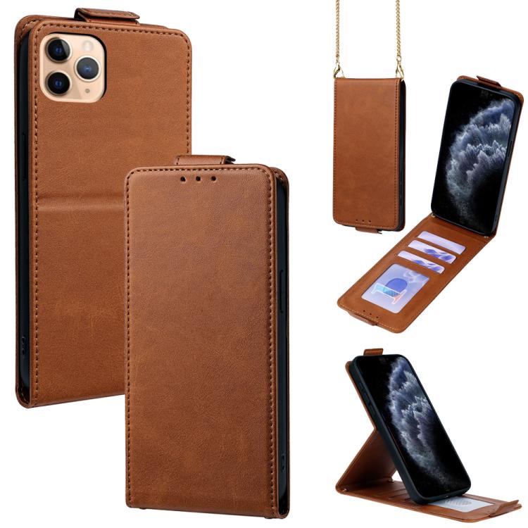 直立翻蓋純色素食皮革手機殼附斜背鍊，適用於 iPhone 11 Pro Max、iPhone 11、iPhone 11 Pro