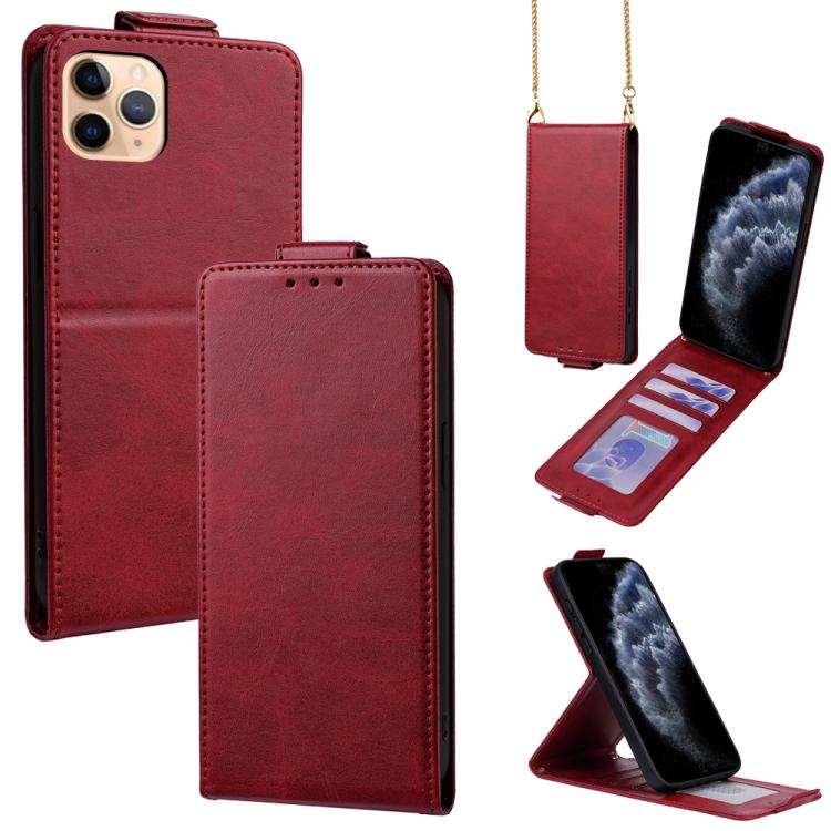 直立翻蓋純色素食皮革手機殼附斜背鍊，適用於 iPhone 11 Pro Max、iPhone 11、iPhone 11 Pro