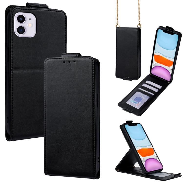 直立翻蓋純色素食皮革手機殼附斜背鍊，適用於 iPhone 11 Pro Max、iPhone 11、iPhone 11 Pro
