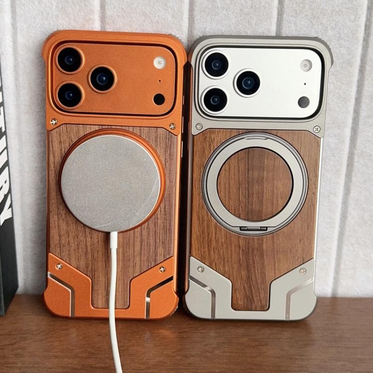 Armor 胡桃木金屬無框 360 度旋轉支架磁吸手機殼，適用於 iPhone 17 Pro Max、iPhone 17 Pro