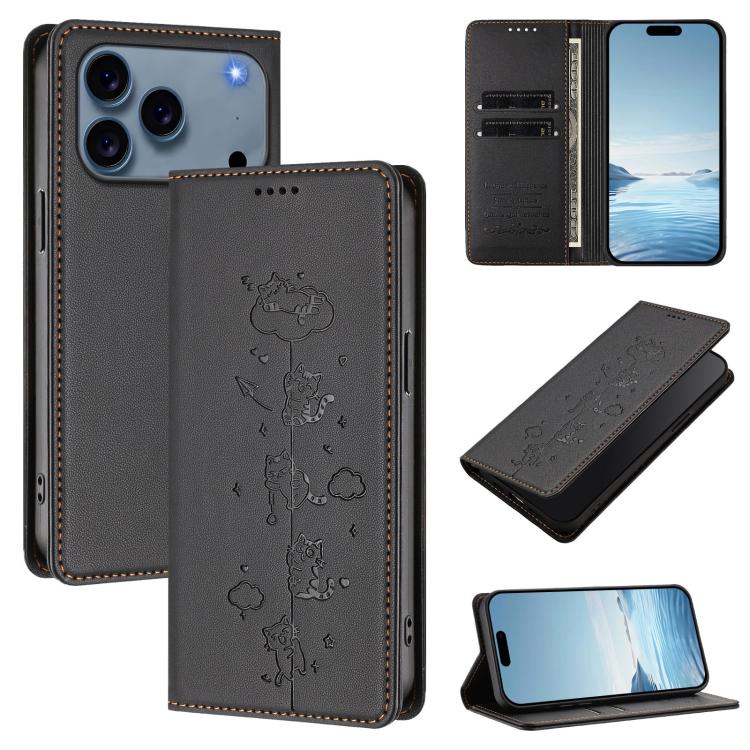 可愛貓咪壓紋磁吸 RFID 素食皮革手機殼，適用於 iPhone 17e / 16e、iPhone 17 Pro Max、iPhone 17 Pro、iPhone 17