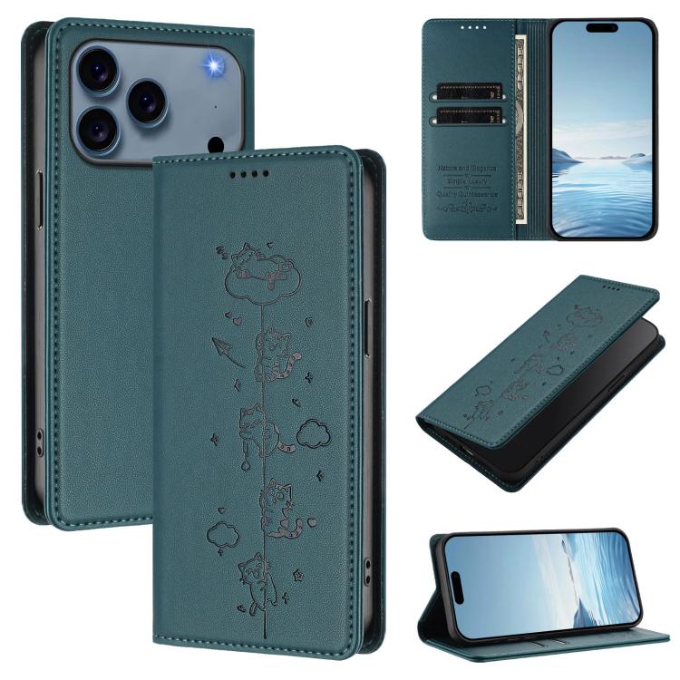 可愛貓咪壓紋磁吸 RFID 素食皮革手機殼，適用於 iPhone 17e / 16e、iPhone 17 Pro Max、iPhone 17 Pro、iPhone 17
