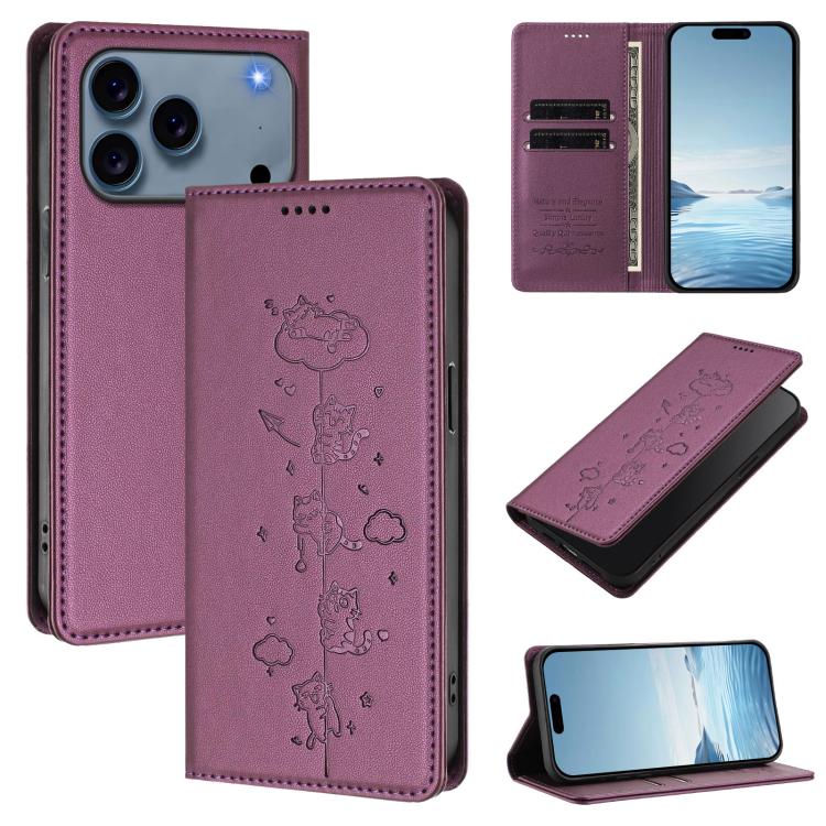 可愛貓咪壓紋磁吸 RFID 素食皮革手機殼，適用於 iPhone 17e / 16e、iPhone 17 Pro Max、iPhone 17 Pro、iPhone 17