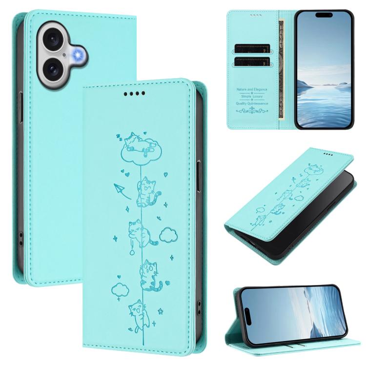 可愛貓咪壓紋磁吸 RFID 素食皮革手機殼，適用於 iPhone 17e / 16e、iPhone 17 Pro Max、iPhone 17 Pro、iPhone 17